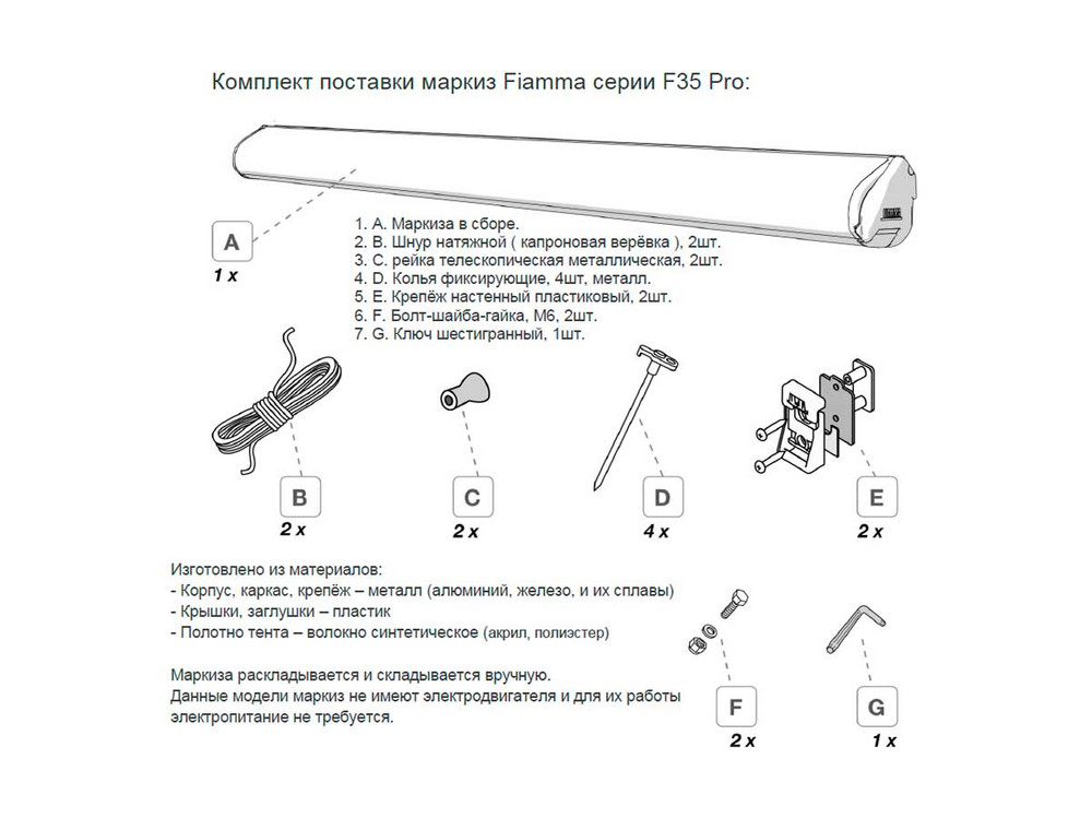 Комплект поставки маркизы Фиаммы F35 PRO 2.2 м