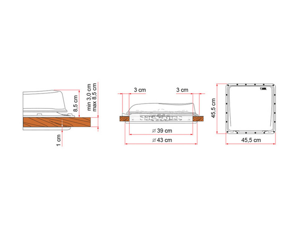 Габариты люка 400x400 мм Fiamma Turbo-Vent Premium